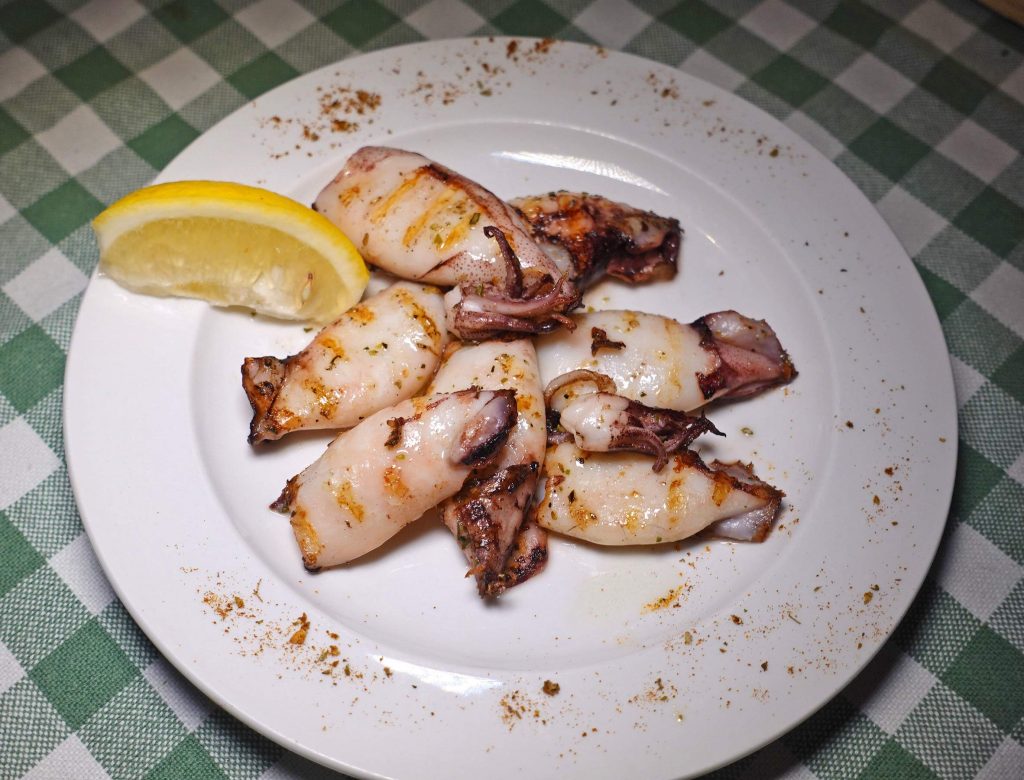 Gegrillte Tintenfische mit Zitrone auf weißem Teller, angerichtet auf grün-weiß kariertem Tuch.